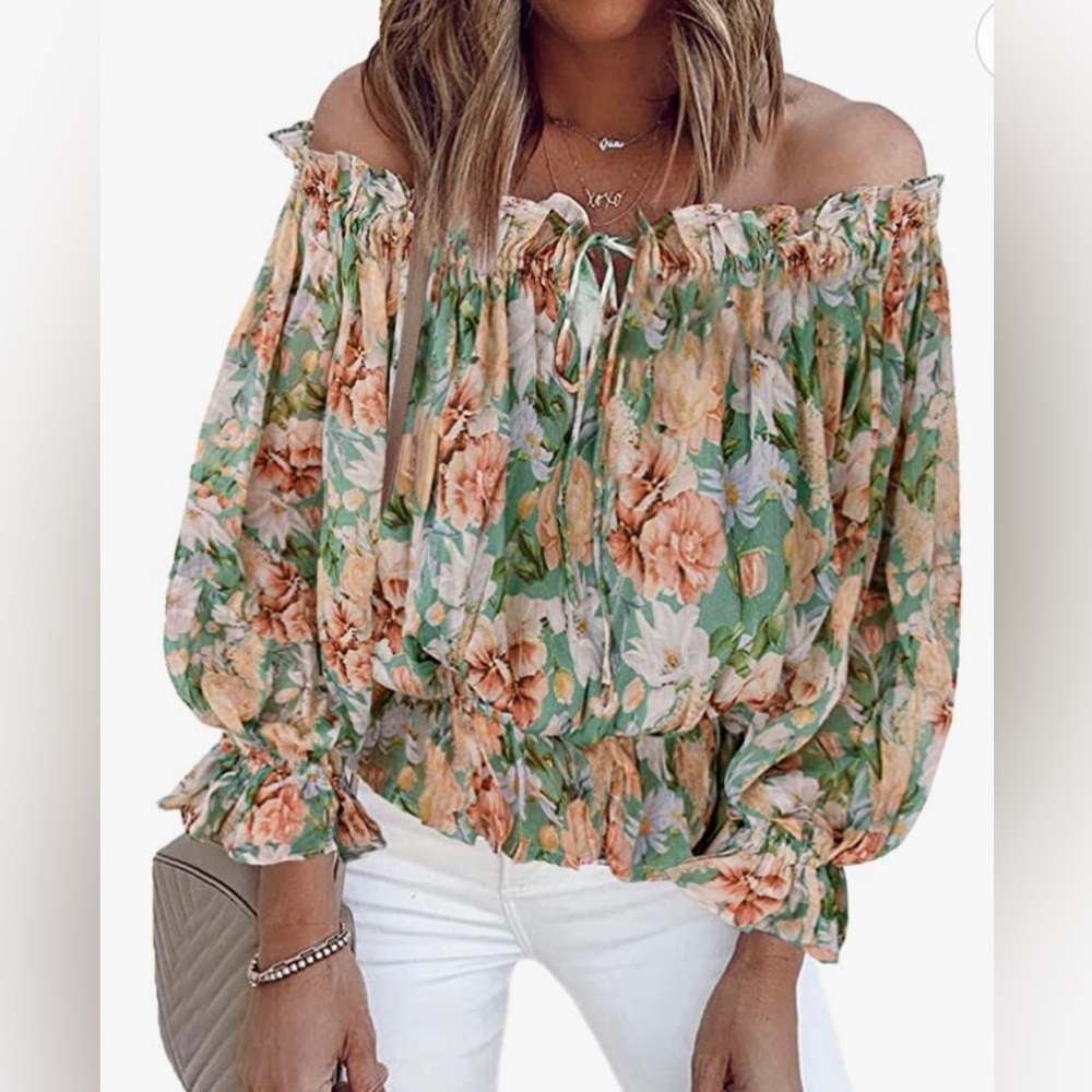 Women's Fall Top -Off The Shoulder - Floral Print Ruffle Sleeve - Size L
